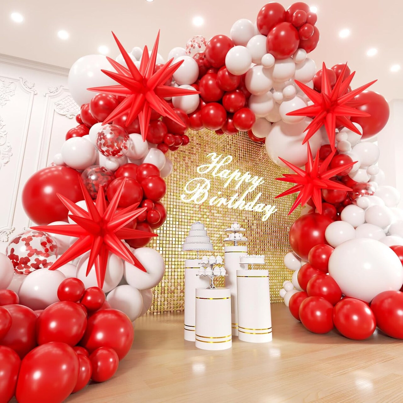 200PCS Red and White Balloon Garland Arch Kit with Star & Confetti Balloons – Valentine’s Day, Christmas, Engagement, Birthday & Anniversary Party Decorations (5–22 Inch Mix)